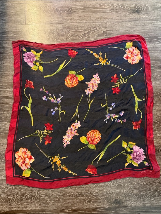 Ellen Tracy Accessories - Ellen Tracy Black Silk Scarf with Red Border and Pink Floral Print